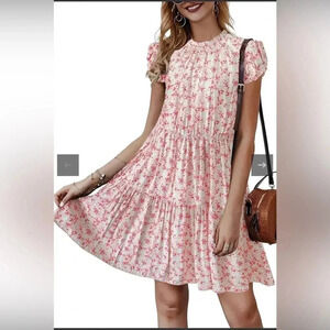 KIRUNDO Sleeveless Ruffle Crew Neck Floral Print Mini Dress Casual Loose Flowy